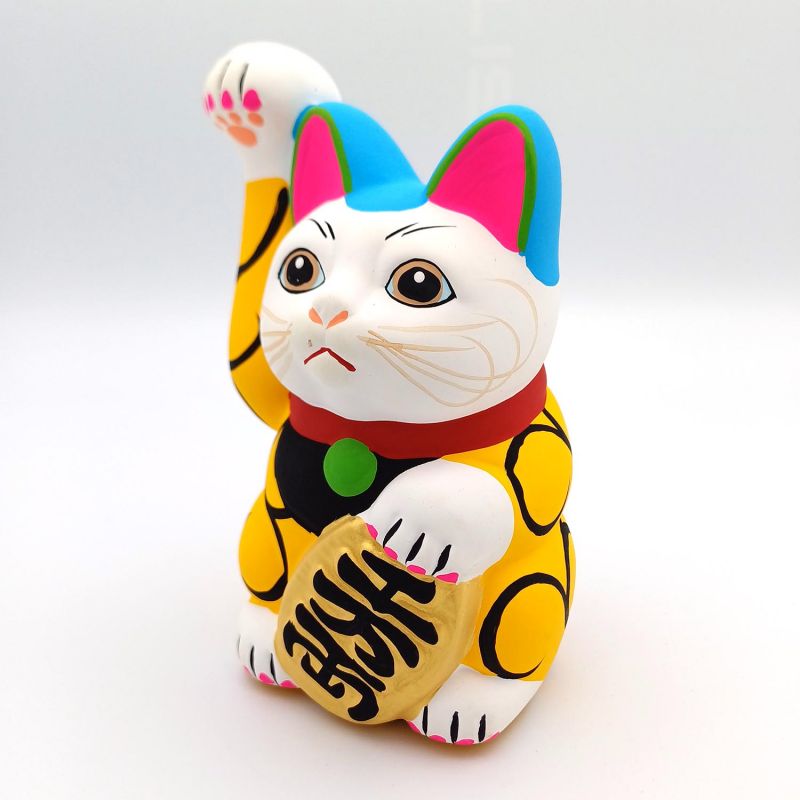 Manekineko japonés grande, gato de la suerte, KI KARAKUSA, amarillo y arabescos