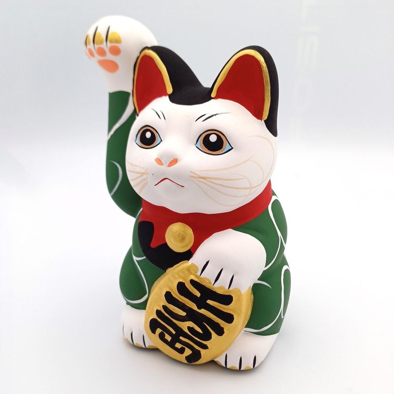 Large Japanese lucky cat manekineko, KI KARAKUSA, green and arabesques