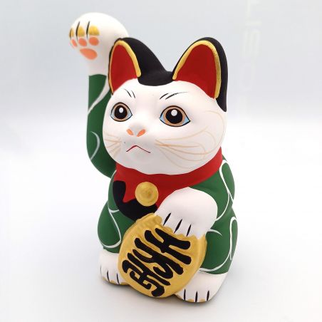 Grand chat porte-bonheur japonais manekineko, KI KARAKUSA, vert et arabesques