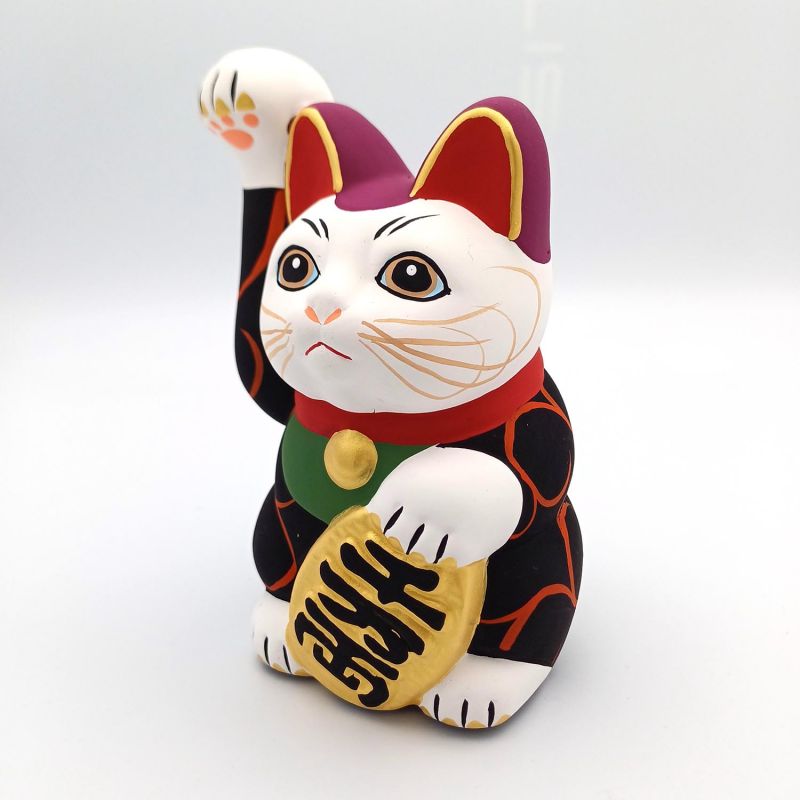 Manekineko japonés grande, gato de la suerte, KI KARAKUSA, negro y arabescos