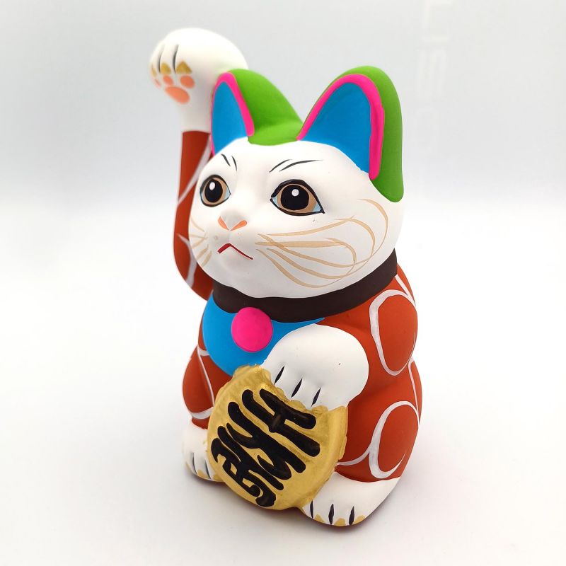 Große japanische Glückskatze Manekineko, KI KARAKUSA, rot und Arabesken