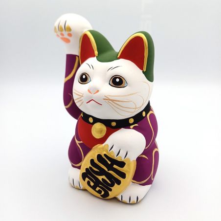 Grand chat porte-bonheur japonais manekineko, KI KARAKUSA, violet et arabesques