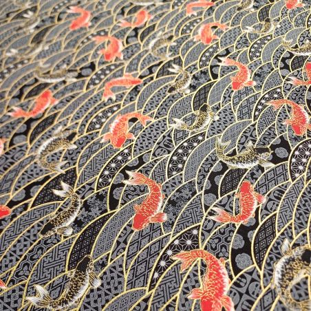 Tissu noir japonais en coton, motif carpe, NAMI Koï, fabriqué au Japon largeur 112 cm x 1m