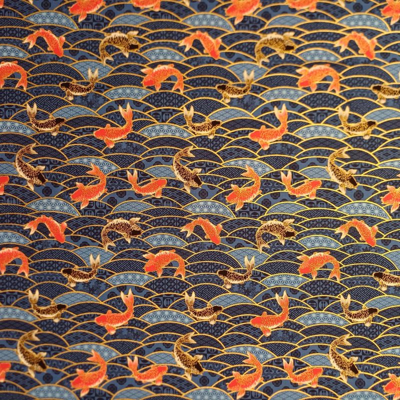 Japanese blue cotton fabric, carp pattern, NAMI Koï, made in Japan width 112 cm x 1m