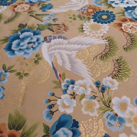 Japanese cotton gold fabric, crane pattern, TSURU HANA MATSU, made in Japan width 112 cm x 1m