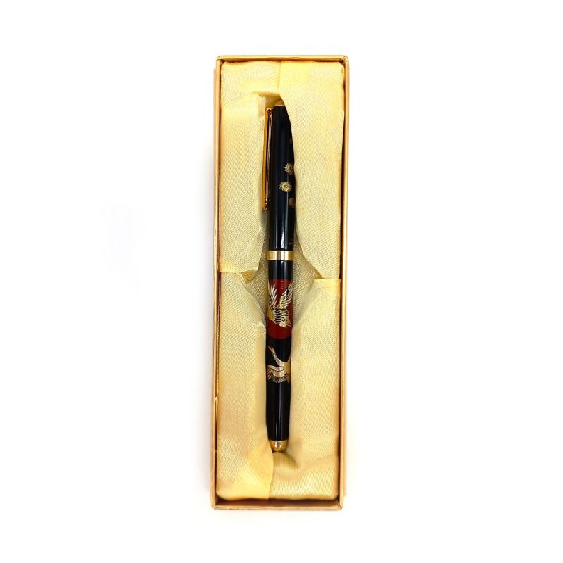 Japanese Black Resin Ballpoint Pen in Crane Pattern Box - TSURU