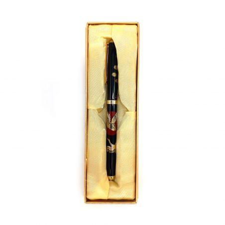 Japanese Black Resin Ballpoint Pen in Crane Pattern Box - TSURU