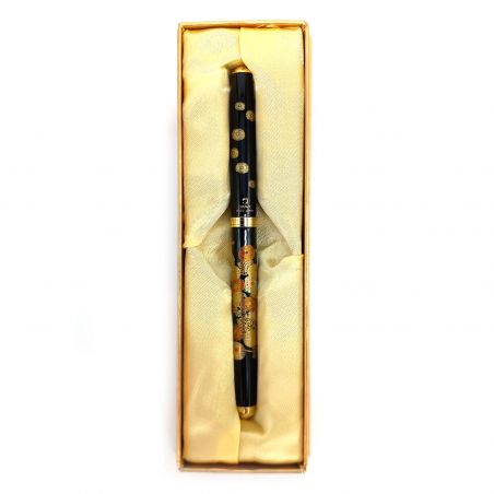 Stylo à bille japonais noir en résine dans un coffret motif Chrysanthème- KIKU