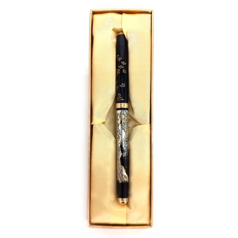 Japanese Black Resin Ballpoint Pen in Hokusai Wave Pattern Box - HOKUSAI HA