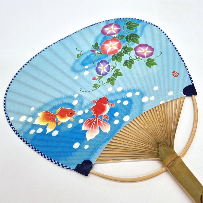 Japanischer, nicht faltbarer Uchiwa-Fächer aus Papier und Bambus mit Ipomoea- und Goldfischmuster, 31 x 21,5 cm