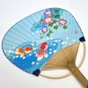 Abanico japonés uchiwa no plegable de papel y bambú con estampado de Ipomoea y peces de colores, 31x21,5 cm