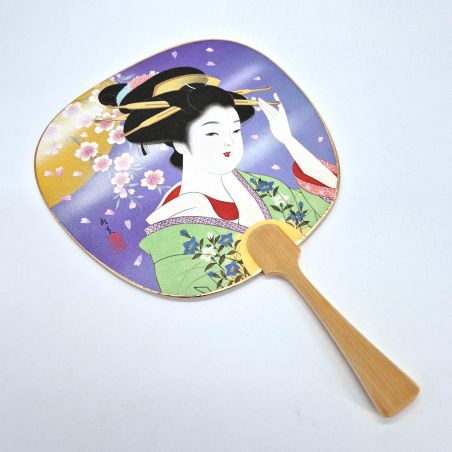 Abanico japonés uchiwa no plegable con motivo Geisha de papel y bambú, SUMI, 26 cm