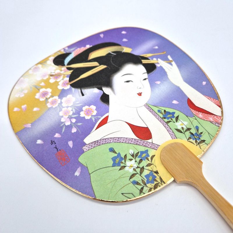 Japanese non-folding uchiwa fan in paper and bamboo Geisha pattern, SUMI, 26cm