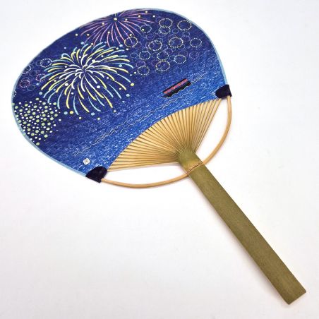 Éventail japonais non pliant uchiwa en papier et bamboo motif fau d 'artifice, HANABI, 38x24,5 cm