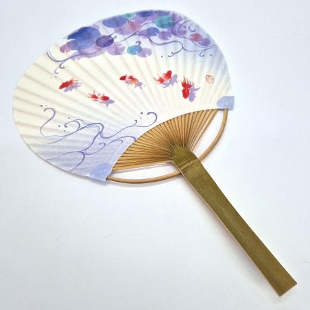 Japanischer, nicht faltbarer Uchiwa-Fächer aus Papier und Bambus mit Goldfischmotiv, GOLDFISCH, 31 x 21,5 cm