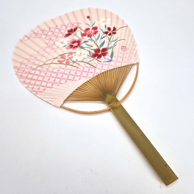 Abanico japonés uchiwa no plegable de papel y bambú con estampado de flores, HANA, 38x24,5 cm