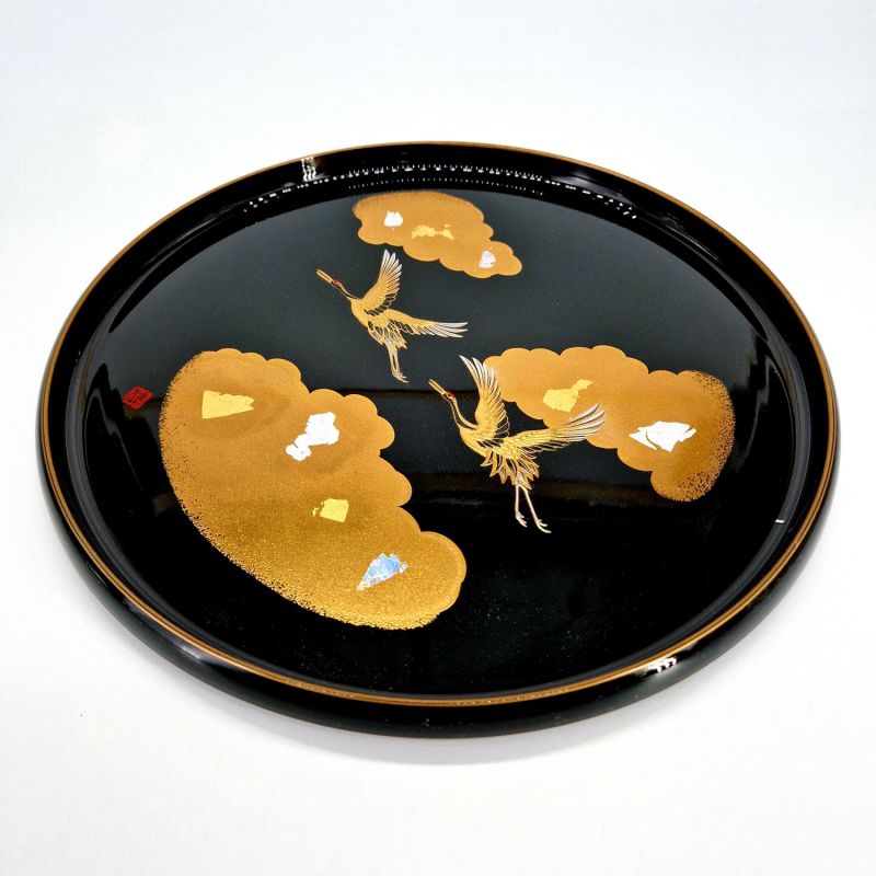 Round tray with red-brown lacquered effect Crane and cloud - KISSHO TSURU 2