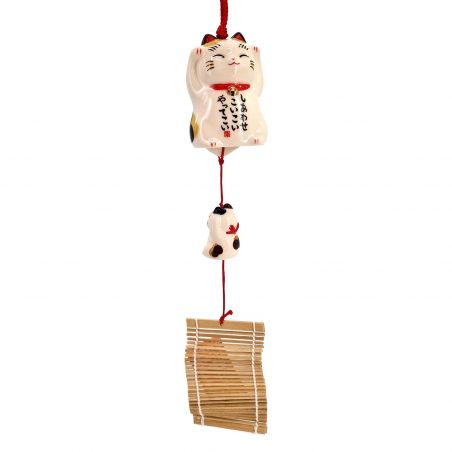 Campana de viento de cerámica con forma de manekineko, Felicidad - SHIAWASE