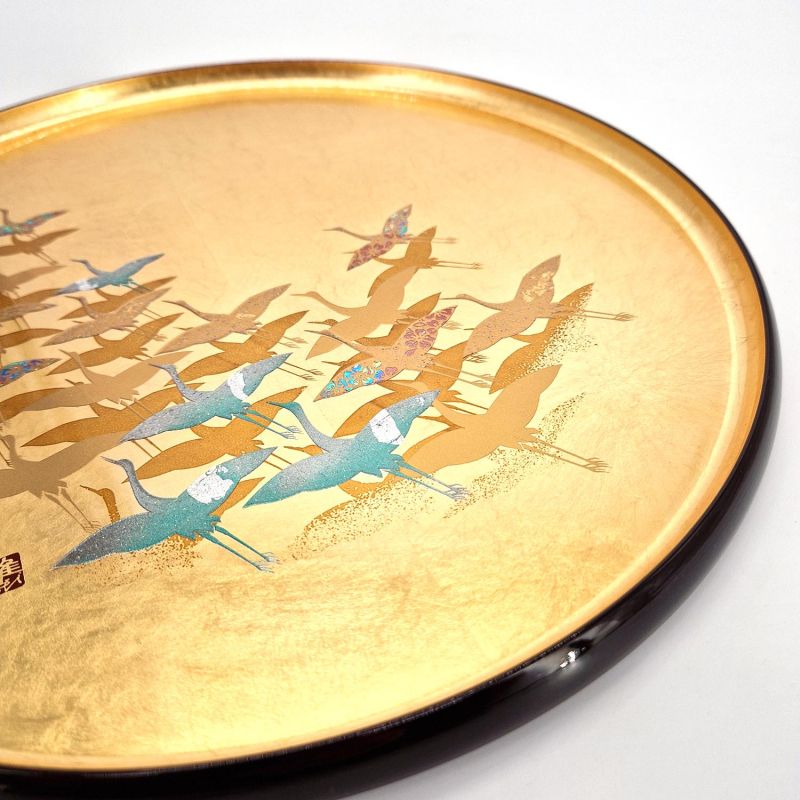 Round tray with gold lacquer effect and crane motif - TSURU