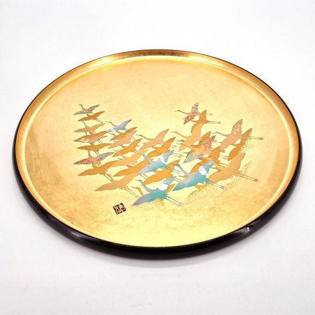 Round tray with gold lacquer effect and crane motif - TSURU