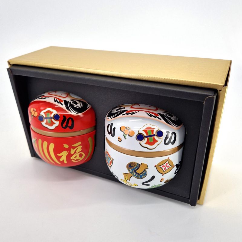 Duo of round Japanese tea boxes, red and white, DARUMA, 150gr