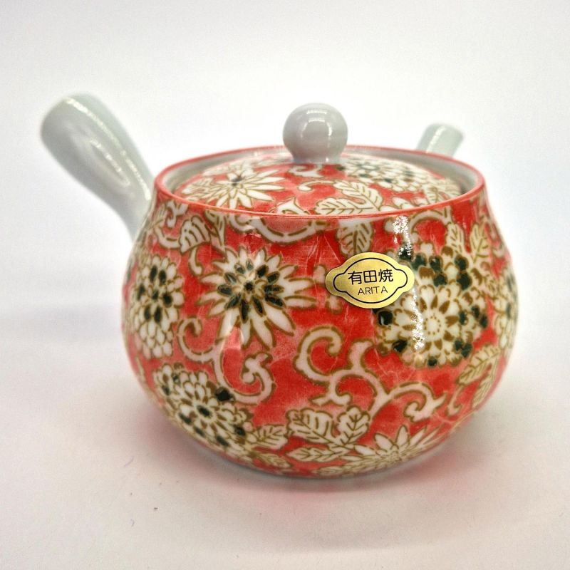 Japanese ceramic kyusu teapot, white with pink flowers, PINKU NO HANA