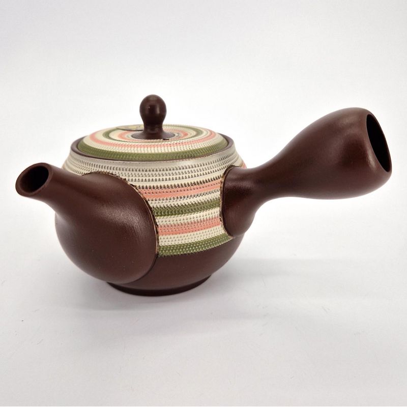 Japanese kyusu teapot tokoname brown pink and green line patterns, SUTORAIPO, 350 cc