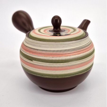 Japanese kyusu teapot tokoname brown pink and green line patterns, SUTORAIPO, 350 cc