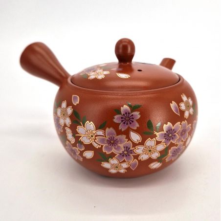 Japanese Kyusu Teapot Tokoname Red Cherry Blossom Pattern, SAKURA, 400 cc