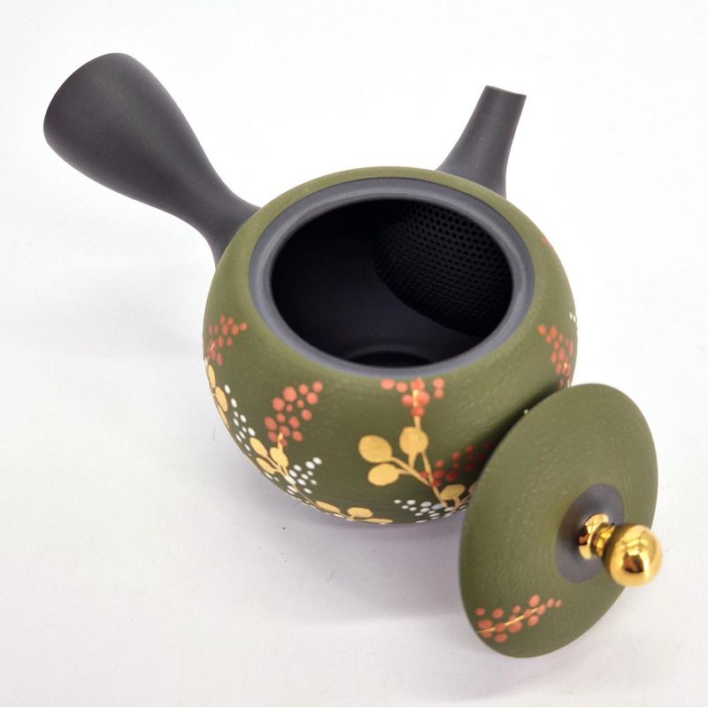 Tetera japonesa kyusu en tierra tokoname negra y verde con estampado de helechos, SHIDA, 320 cc