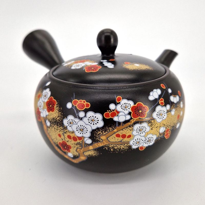 Japanische Kyusu-Teekanne aus schwarzem Tokoname-Ton mit Blumenmuster, SAKURA, 400 cc