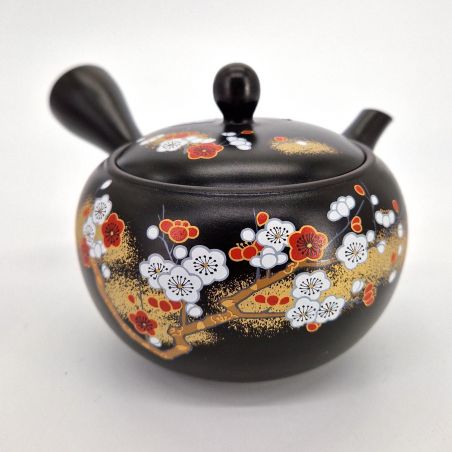 Tetera japonesa kyusu de arcilla tokoname negra con estampado de flores, SAKURA, 400 cc