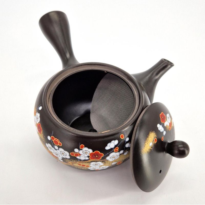 Japanische Kyusu-Teekanne aus schwarzem Tokoname-Ton mit Blumenmuster, SAKURA, 400 cc