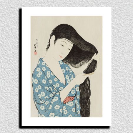 Reproduction d'estampe japonaise, Goyō Hashiguchi, Femme peignant ses cheveux