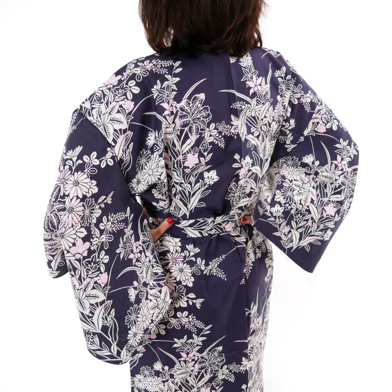 Japanese traditional blue cotton yukata kimono with lily flower pattern for women, YUKATA YURI