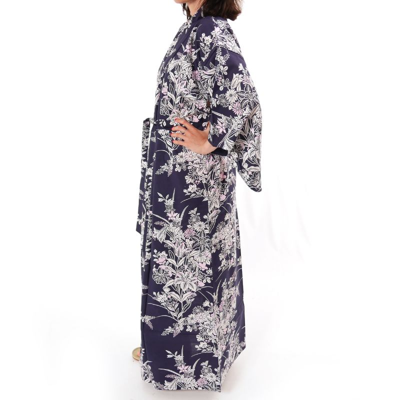 Kimono yukata tradizionale giapponese in cotone blu con motivo floreale di giglio da donna, YUKATA YURI