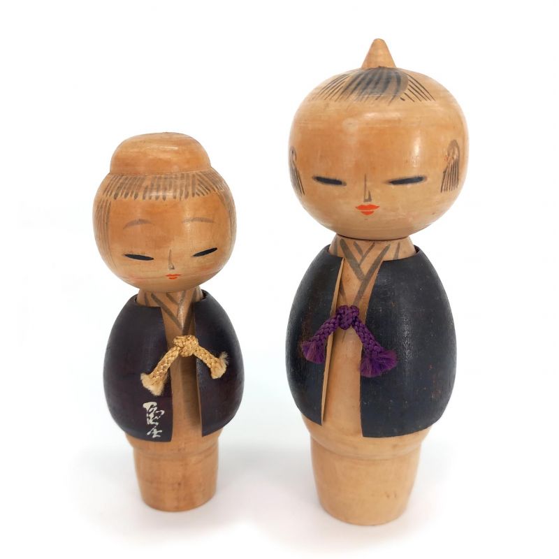 Dúo de muñecas japonesas de madera, KOKESHI VINTAGE, 15 y 13 cm