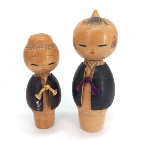 Dúo de muñecas japonesas de madera, KOKESHI VINTAGE, 15 y 13 cm