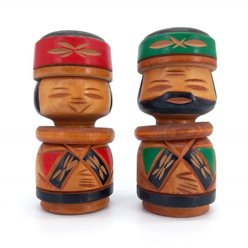 Dúo de muñecas japonesas de madera, AINU KOKESHI VINTAGE, 12,5 cm