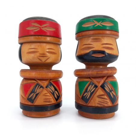 Duo di bambole giapponesi in legno, AINU KOKESHI VINTAGE, 12,5 cm