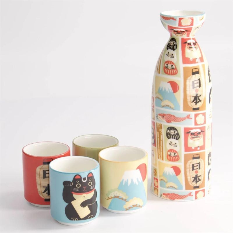 Sake-Set mit einer Flasche und 4 Tassen KAWAII JAPAN