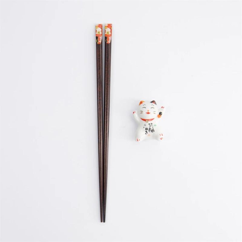 Tokyo red chopsticks gift box with Lucky Cat rest