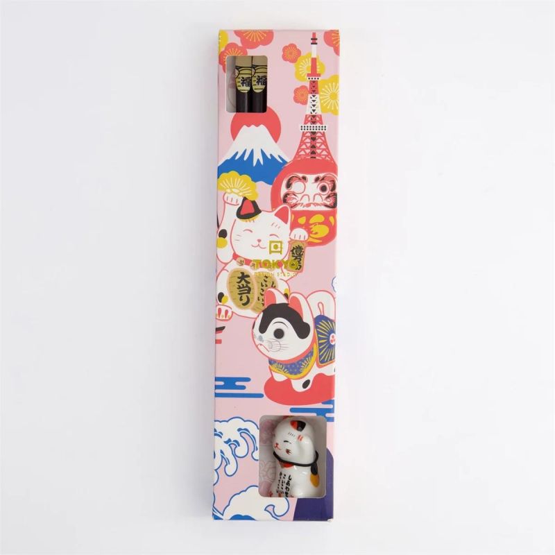 Coffret cadeau baguettes Tokyo blanc avec repose Lucky Cat