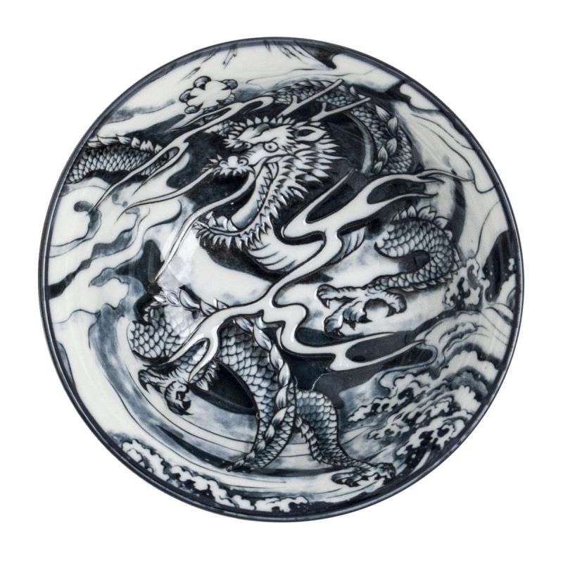 Japanische Ramenschale aus Keramik Drache RYU, blau und weiß