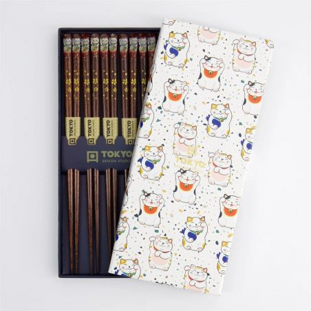 Set of 5 wooden chopsticks, cat patterns + MANEKINEKO box