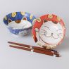 Set de 2 bols de riz traditionnels japonais avec images de chat et paires de baguettes NEKO