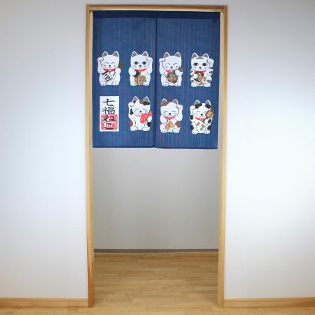 Tenda noren giapponese in poliestere blu, Manekineko