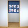 Japanese noren curtain in blue polyester, Manekineko