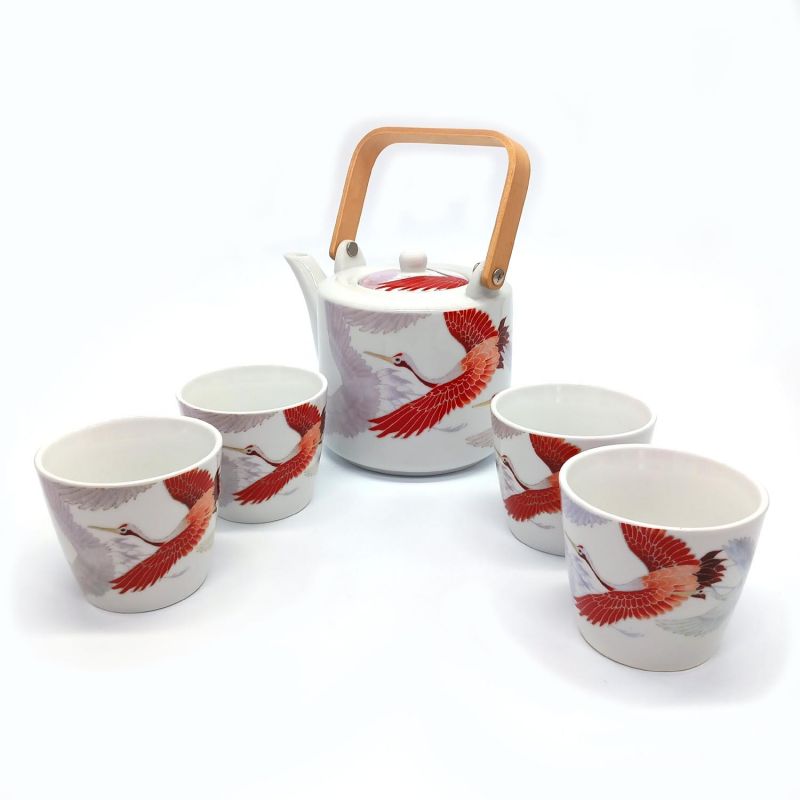 Teapot and 4 cups set - Crane pattern - in white and red ceramic.