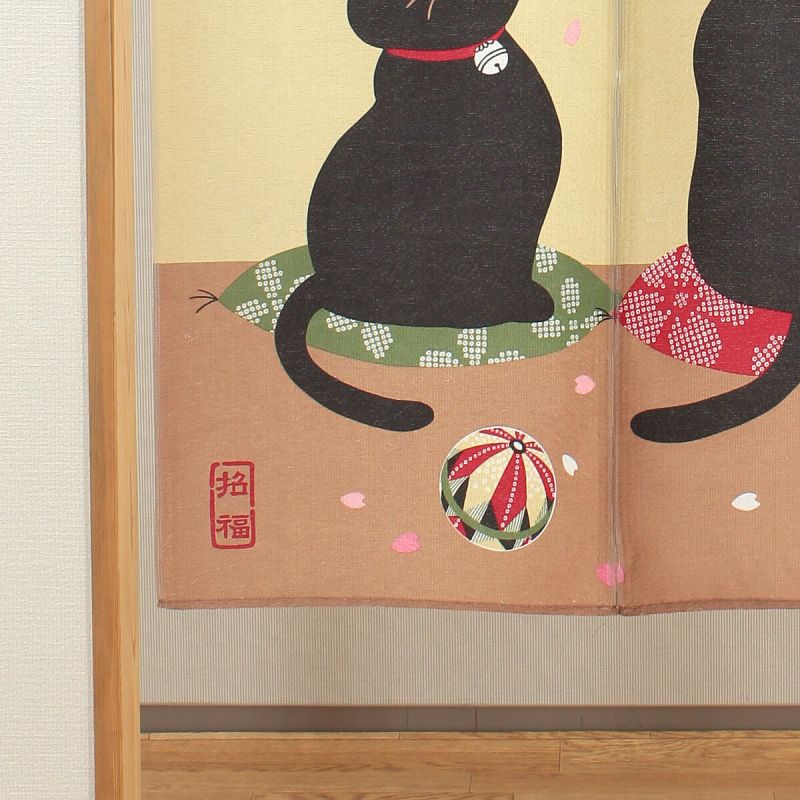 Japanischer Noren-Vorhang, Polyester, 85 x 150 cm, 2 schwarze Katzen, KURO NEKO